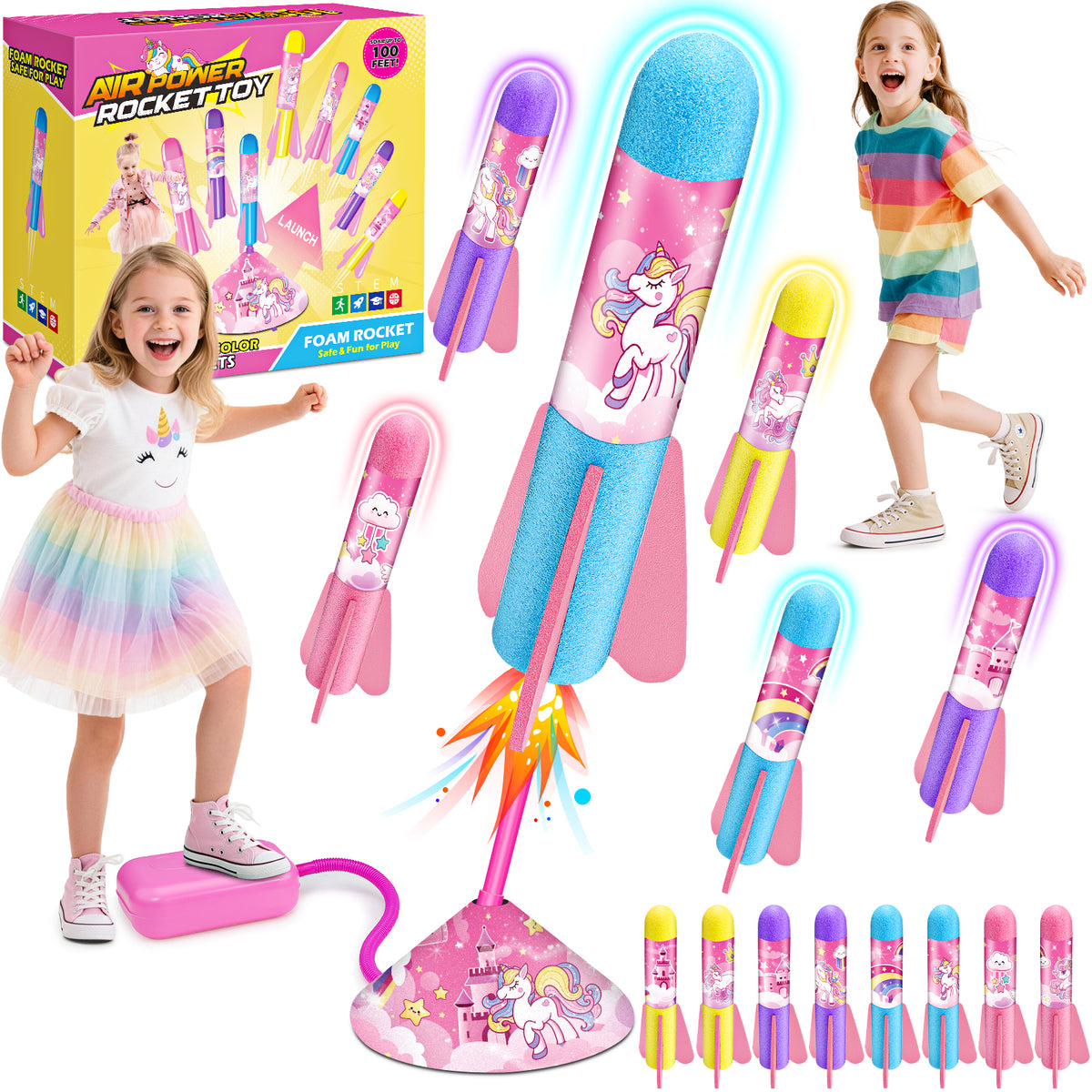Funforfun Rocket Launcher for Kids, Unicorn Launcher with 8 Rockets, Outdoor Toys for Kids 3 4 5 6 7 Year Old Girls