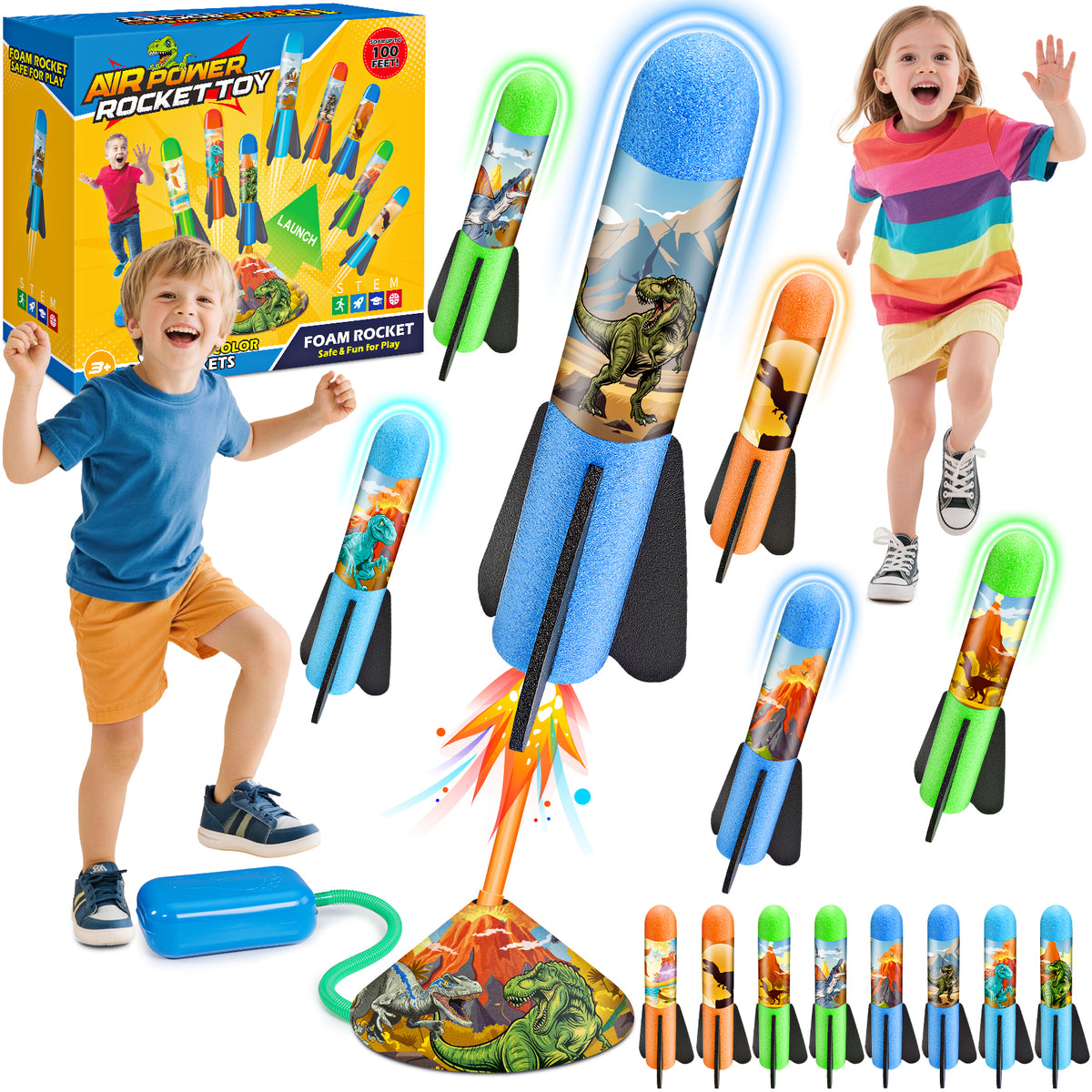 Funforfun Rocket Launcher for Kids, Dinosaur Launcher with 8 Rockets, Outdoor Toys for Kids