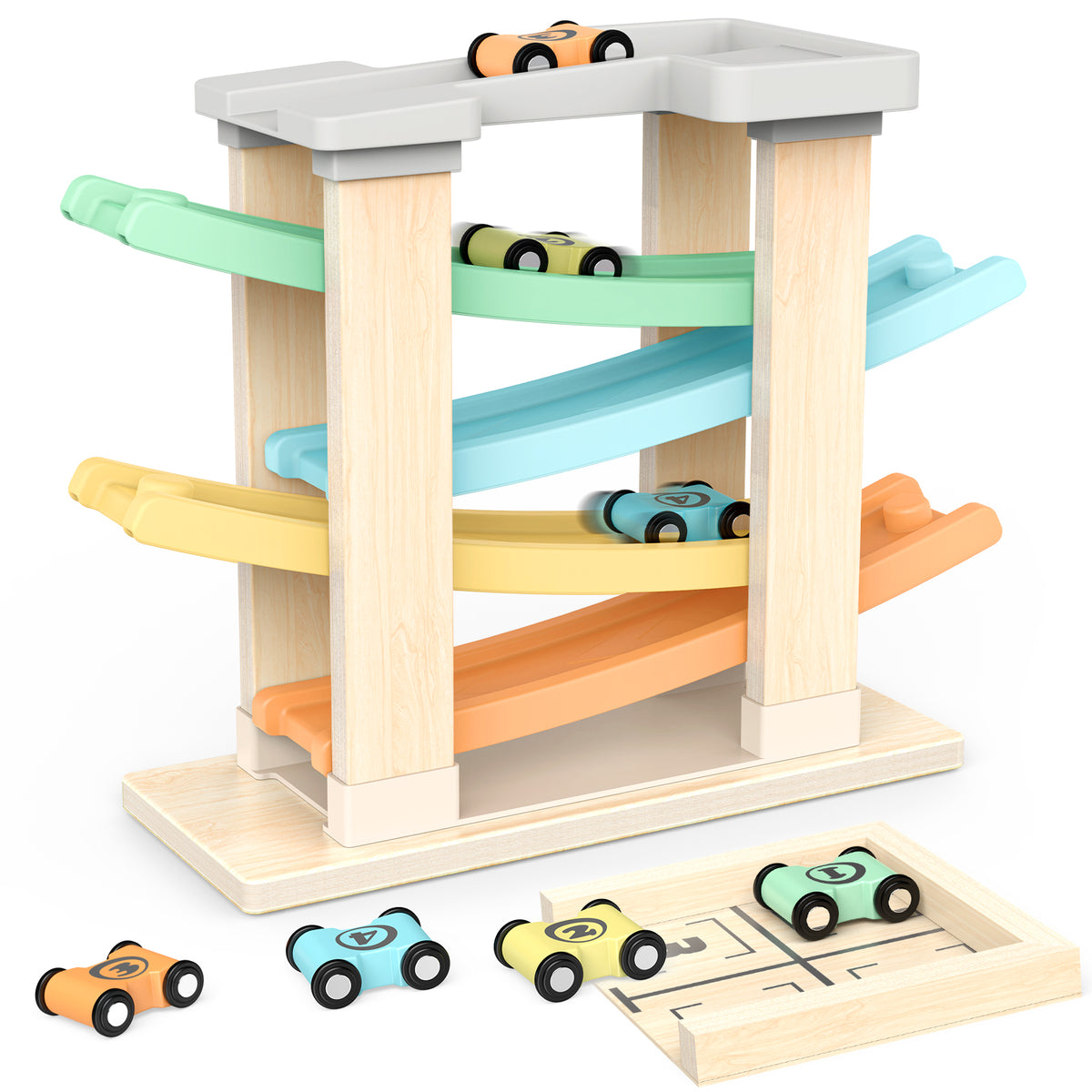 Funforfun Montessori Toys for 1 2 3 Year Old Boys Toddler, Race Track Car Ramp Toys with 4 Cars, Toys for 1-3 Years Old Boy Girls Gifts for Birthday