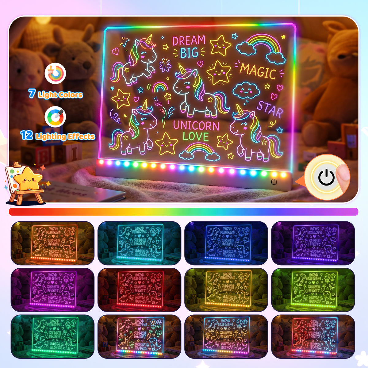 Rechargeable Glow LED Drawing Board, Gift for 3 4 5 6 7 8 Year Old Girls Birthday, Light Up Art Dry Erase Note Board