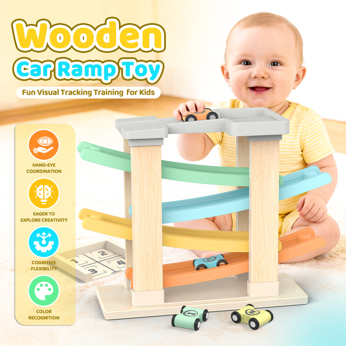 Funforfun Montessori Toys for 1 2 3 Year Old Boys Toddler, Race Track Car Ramp Toys with 4 Cars, Toys for 1-3 Years Old Boy Girls Gifts for Birthday