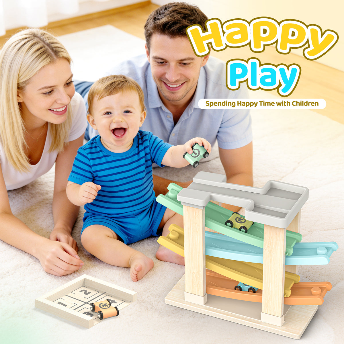 Funforfun Montessori Toys for 1 2 3 Year Old Boys Toddler, Race Track Car Ramp Toys with 4 Cars, Toys for 1-3 Years Old Boy Girls Gifts for Birthday