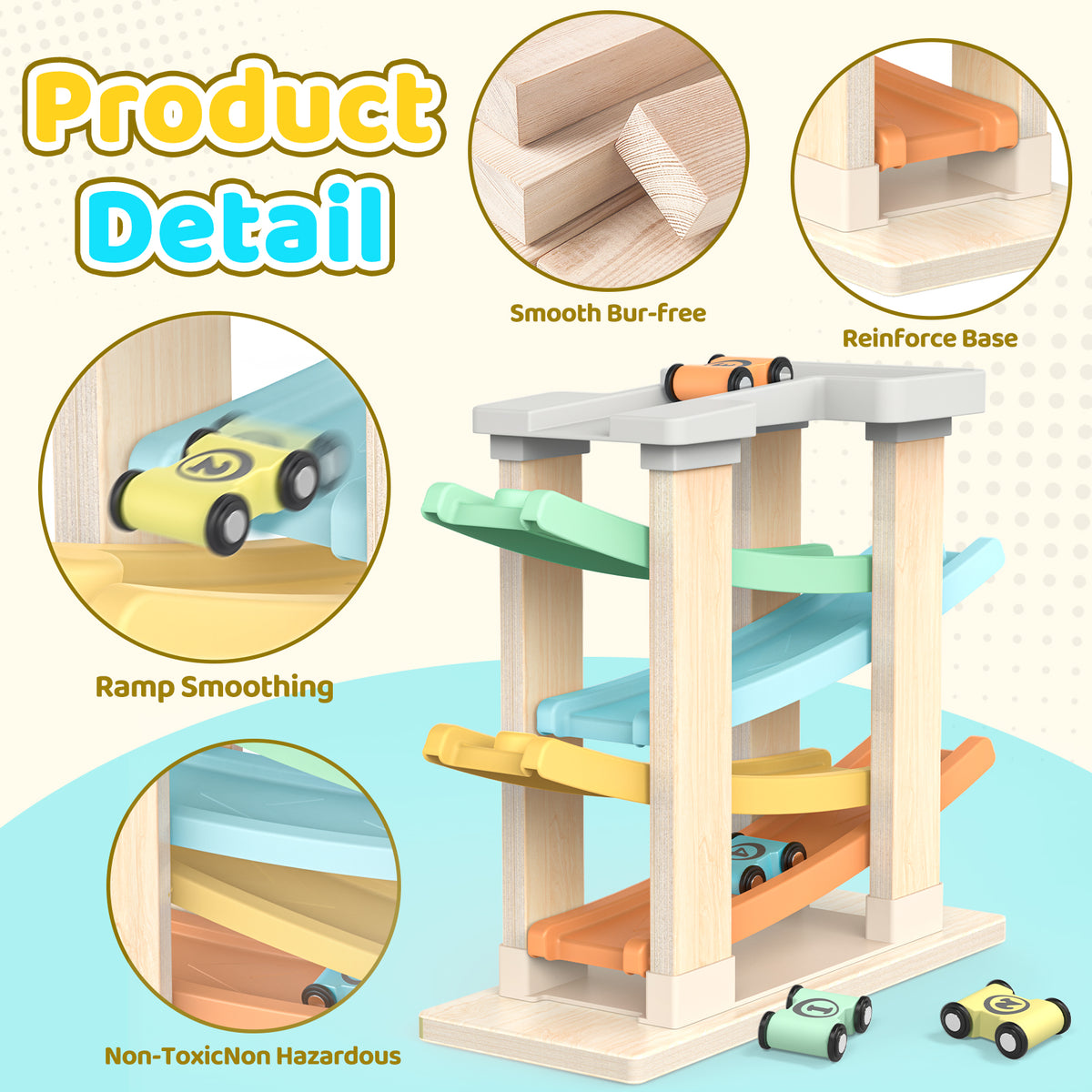 Funforfun Montessori Toys for 1 2 3 Year Old Boys Toddler, Race Track Car Ramp Toys with 4 Cars, Toys for 1-3 Years Old Boy Girls Gifts for Birthday