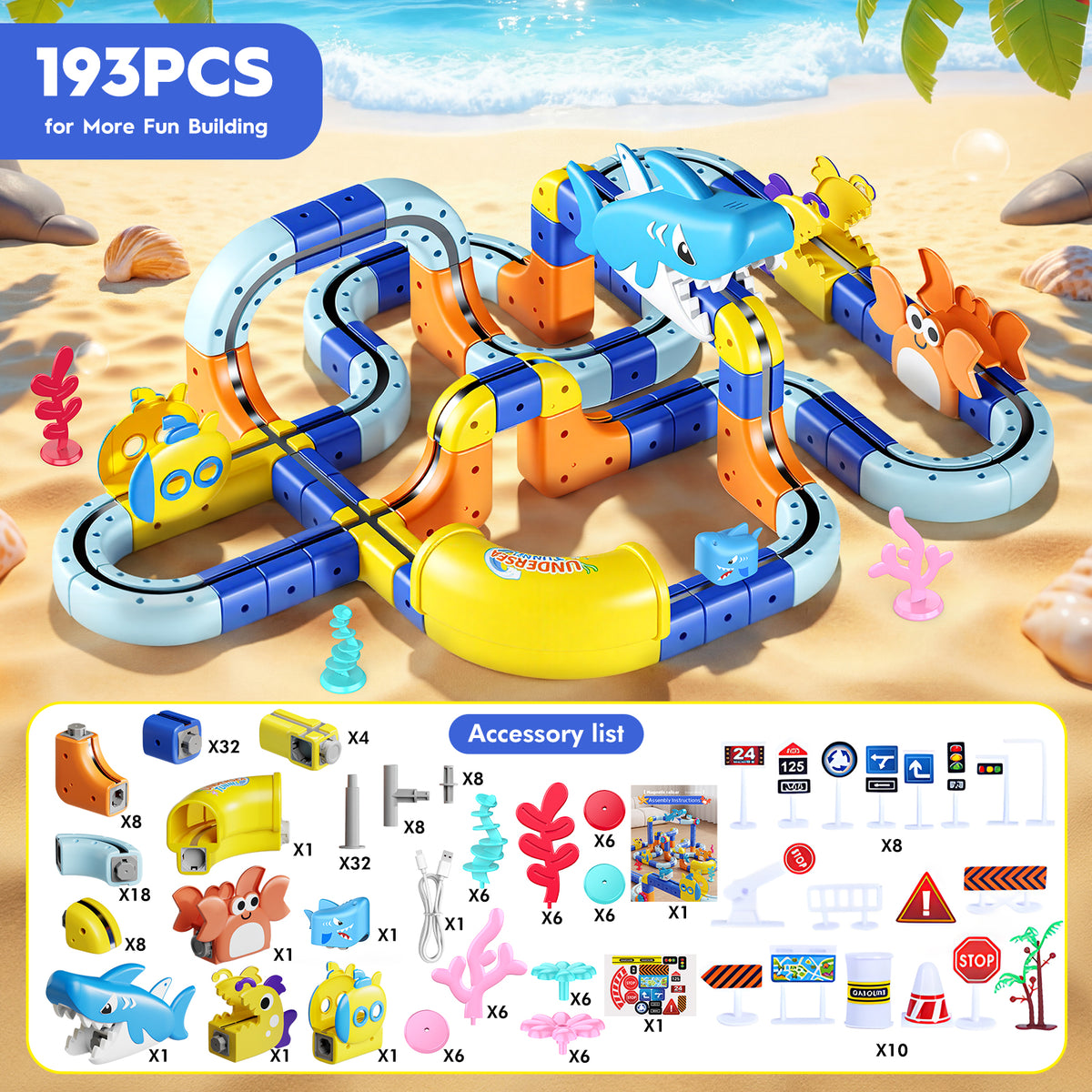 Electric Train Set for Kid, 193 Pcs Shark Track Race Car Toys Gifts for 3-8 Year Old Boys Girls