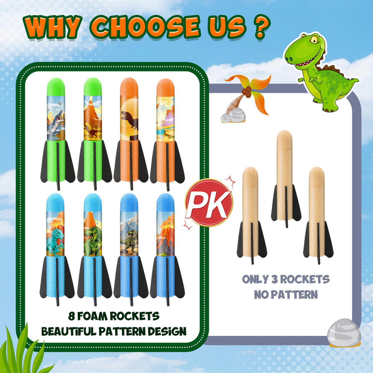Funforfun Rocket Launcher for Kids, Dinosaur Launcher with 8 Rockets, Outdoor Toys for Kids