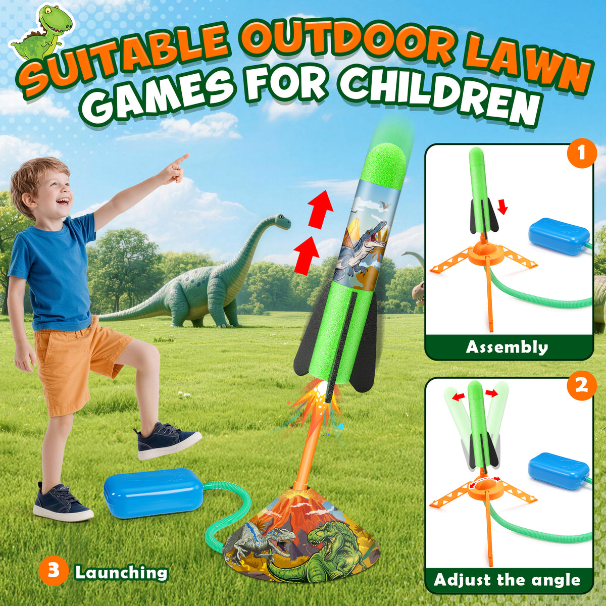 Funforfun Rocket Launcher for Kids, Dinosaur Launcher with 8 Rockets, Outdoor Toys for Kids