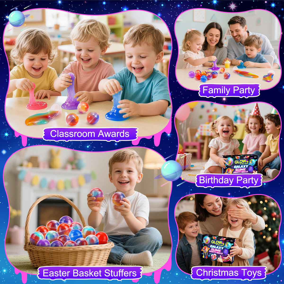 Funforfun Slime Party Favors for Kids, 24 Slime Ball Galaxy Slime Kit for Boys Girls
