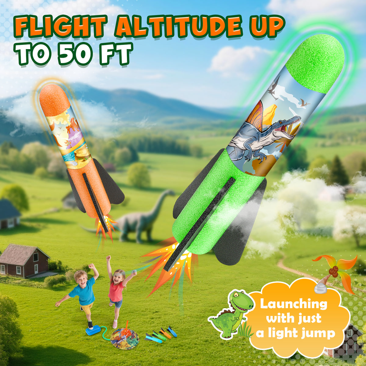 Funforfun Rocket Launcher for Kids, Dinosaur Launcher with 8 Rockets, Outdoor Toys for Kids