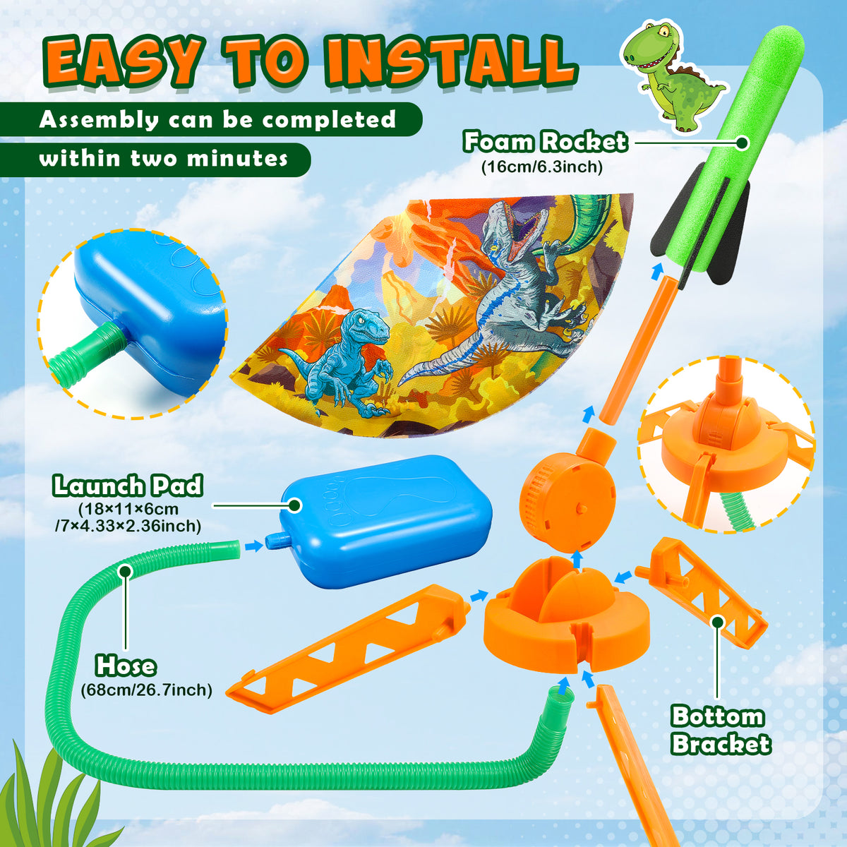 Funforfun Rocket Launcher for Kids, Dinosaur Launcher with 8 Rockets, Outdoor Toys for Kids