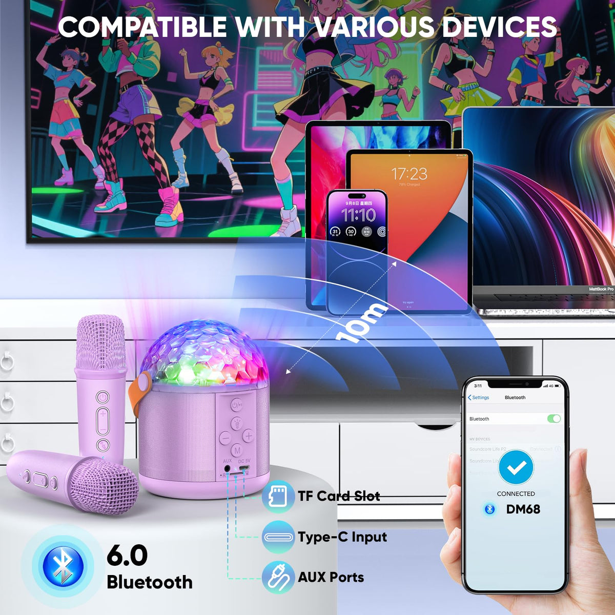 Mini Karaoke Machine for Kids, Gifts for Girls Ages 3-12, Bluetooth Speaker with 2 Wireless Karaoke Microphones